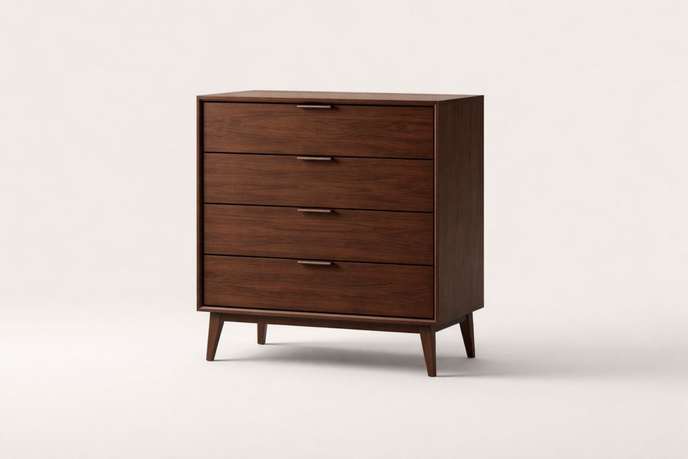 Mid-Century Walnut Finish Solid Wood 4-Drawer Chest