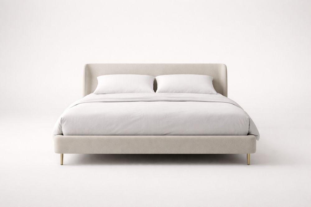 Beige Polyester Upholstered King Bed with Steel Legs