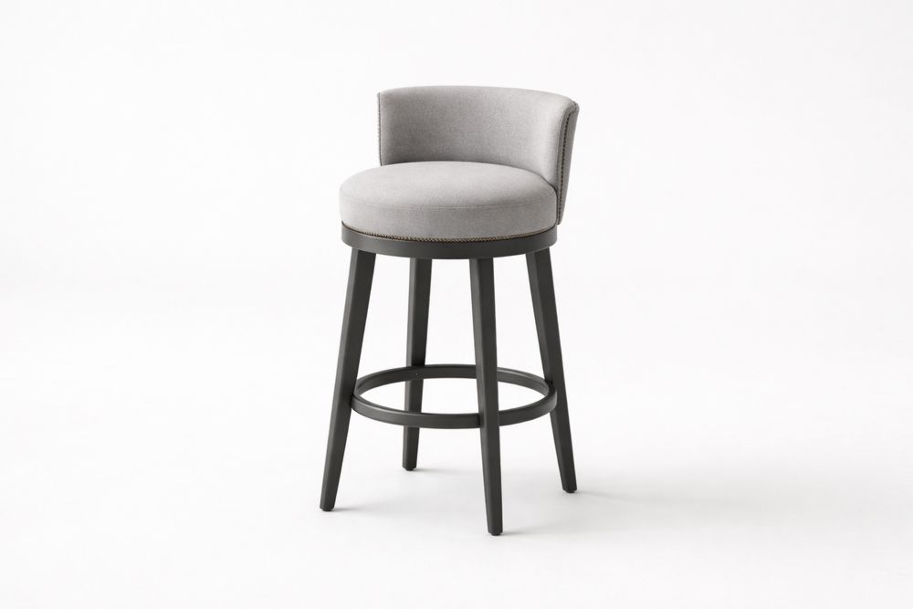 Swivel Bar Stool with Grey Fabric Seat and Black Solid Wood Frame