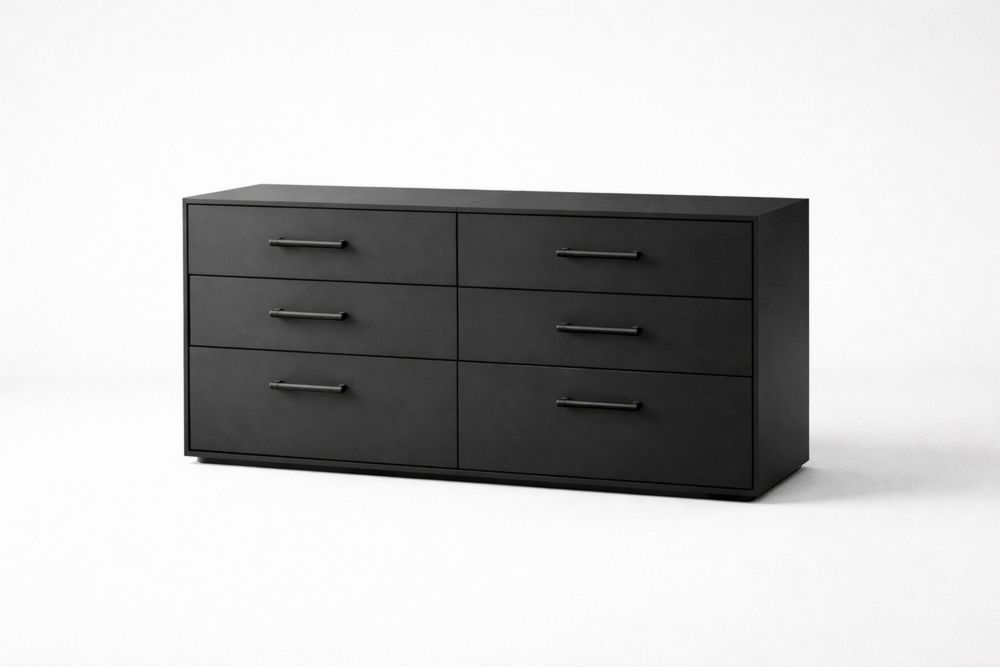Black Rectangular Six-Drawer Chest with Steel Handles