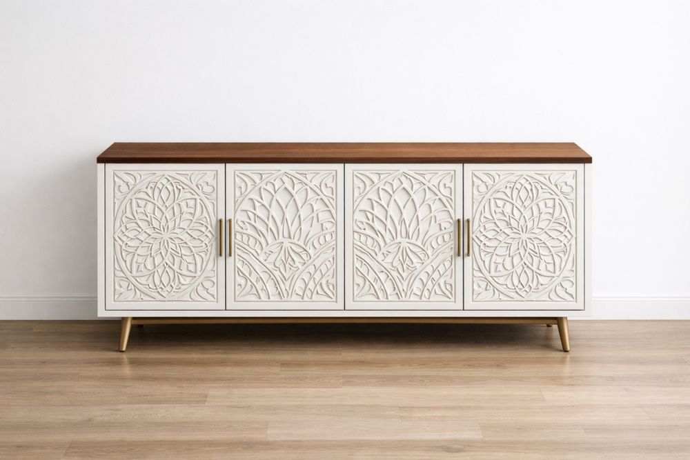 MDF Carved TV Cabinet, White and Brown