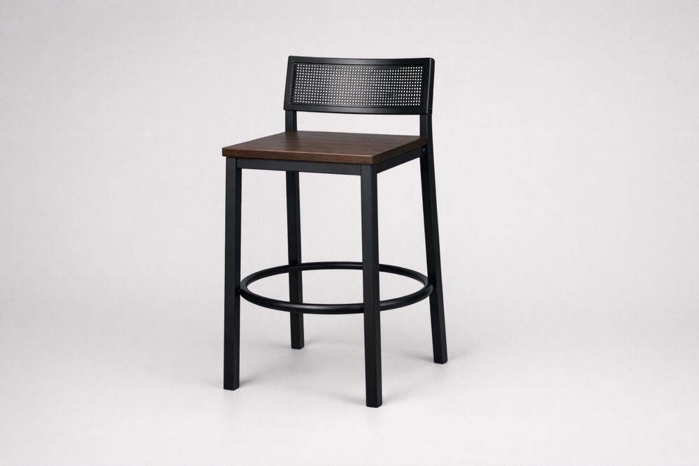 Industrial Walnut Wood Steel Bar Stool with Black Frame and Walnut Seat