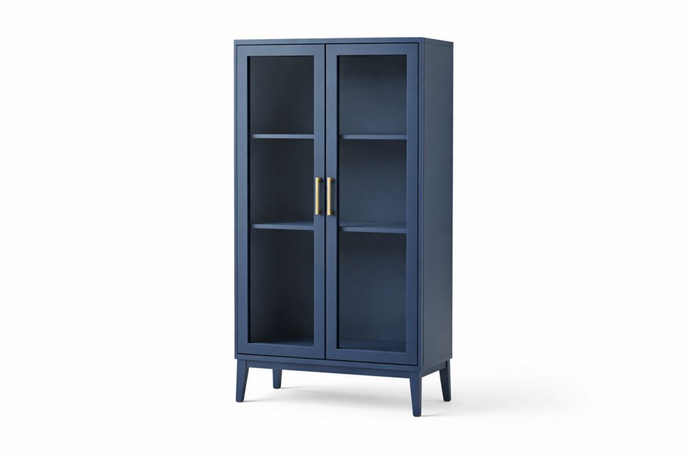 Blue MDF Wood Display Cabinet with Tempered Glass Doors