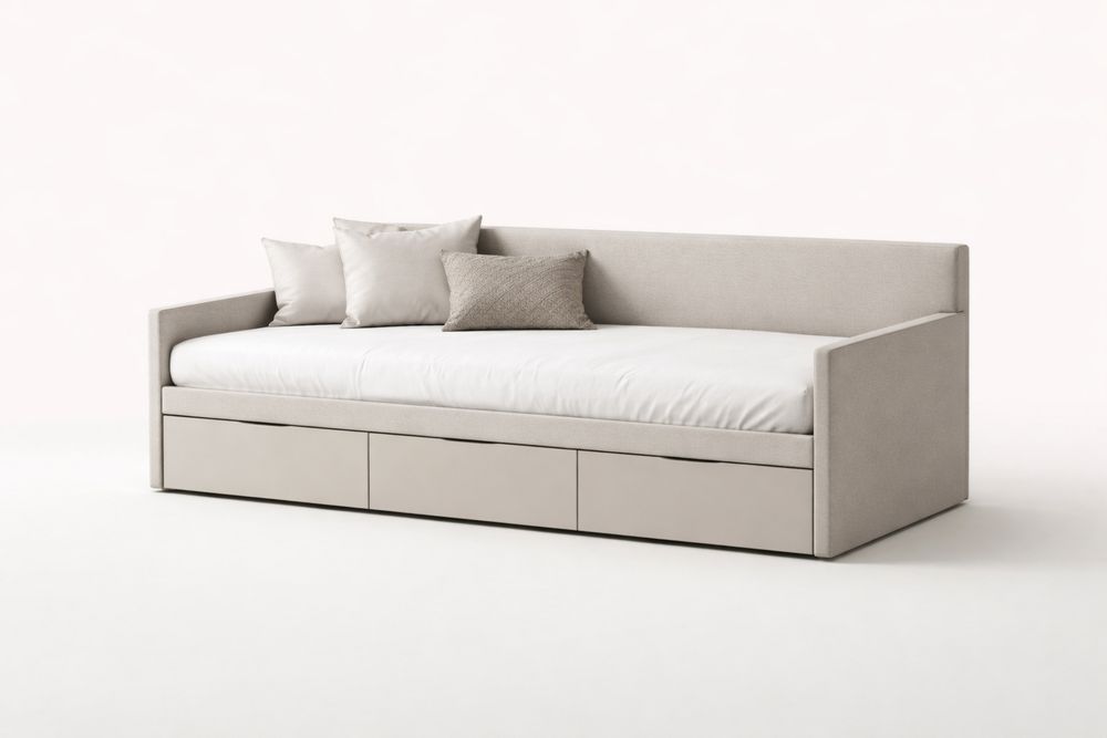 Beige Polyester Fabric Daybed with Storage Drawers