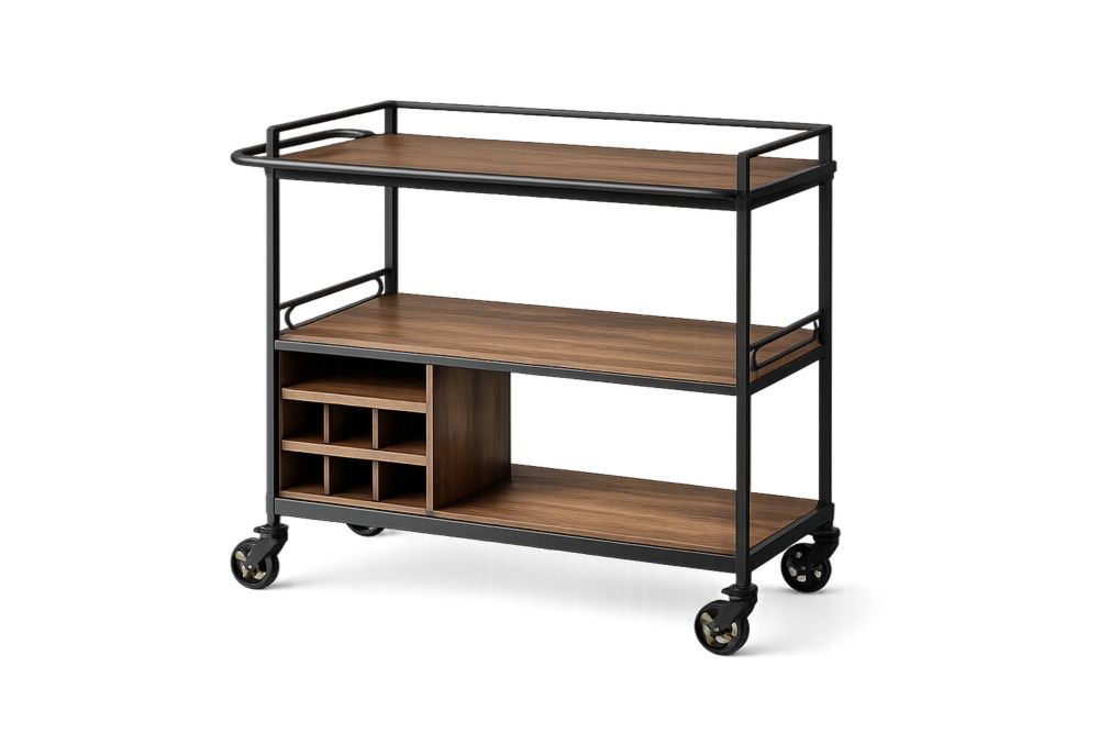 Walnut Wood and Steel Kitchen Cart with Wheels and Shelves, 100cm x 50cm x 90cm(L × W × H)