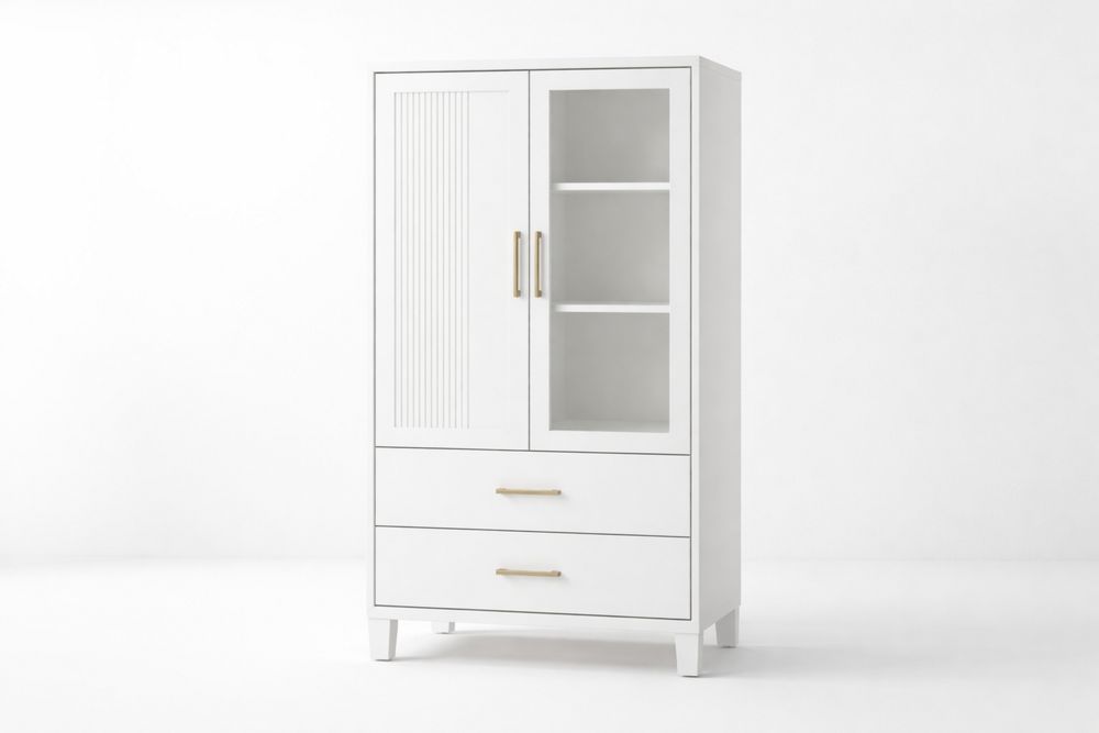 White MDF Storage Cabinet with Glass Door and Two Drawers