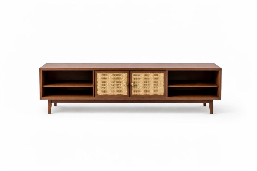 Solid Wood TV Stand with Rattan Doors and Open Shelves Brown