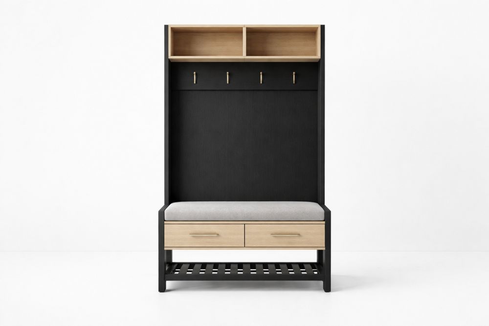 Wood Hall Tree with Polyester Cushion and Storage Shelves Black/Natural