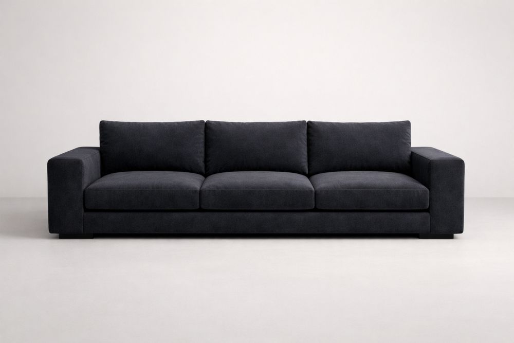 Charcoal Polyester-Blend Three-Seater Long Sofa with Block Arms