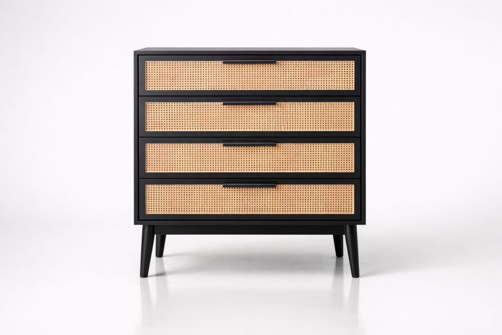Black Solid Wood and Rattan Dresser with Four Drawers