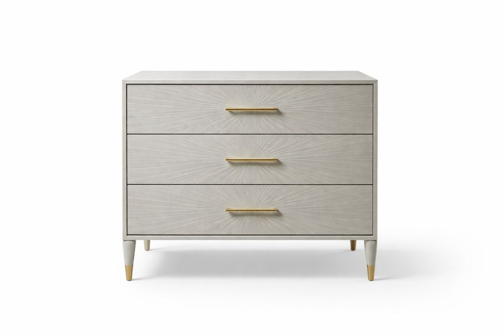 White Oak Wood Three Drawer Dresser with Gold Handles