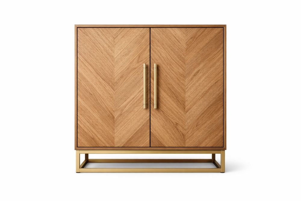 Wood Cabinet with Brass Base Herringbone Pattern