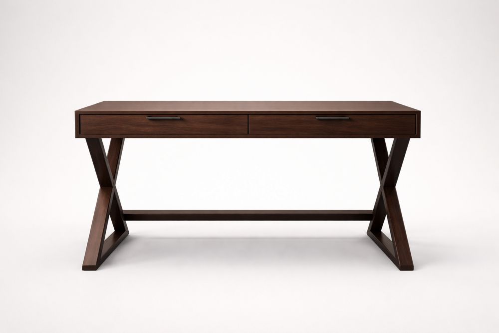 Walnut Brown Solid Wood Office Desk with Drawers and Cross Legs