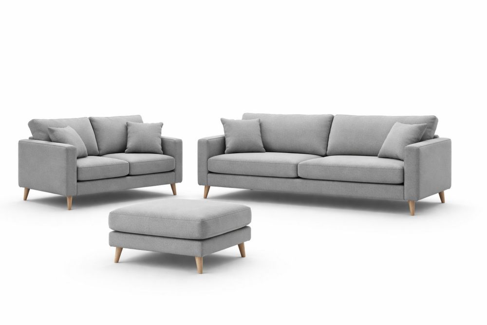 Light Grey Fabric Sofa Set with Solid Wood Legs