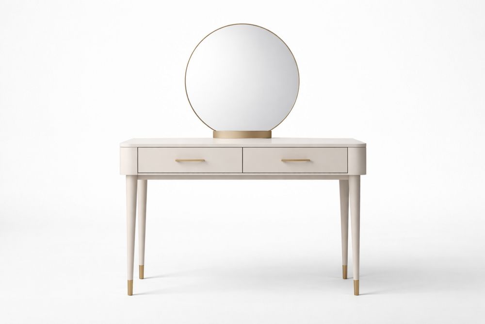 Beige MDF Vanity Table with Round Mirror and 2 Drawers
