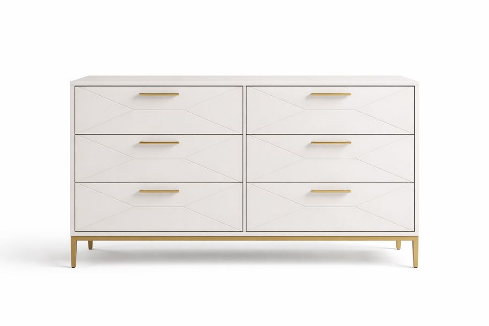 White MDF Wood Chest with Gold Steel Handles and Legs 6-Drawer