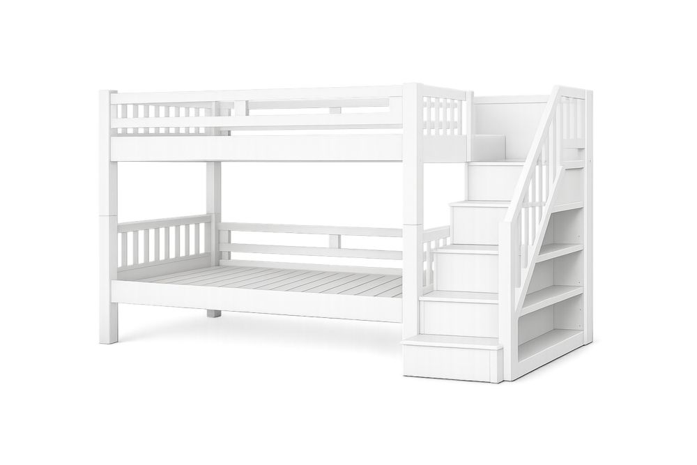 Wood Twin Bunk Bed with Stairs and Storage Shelves