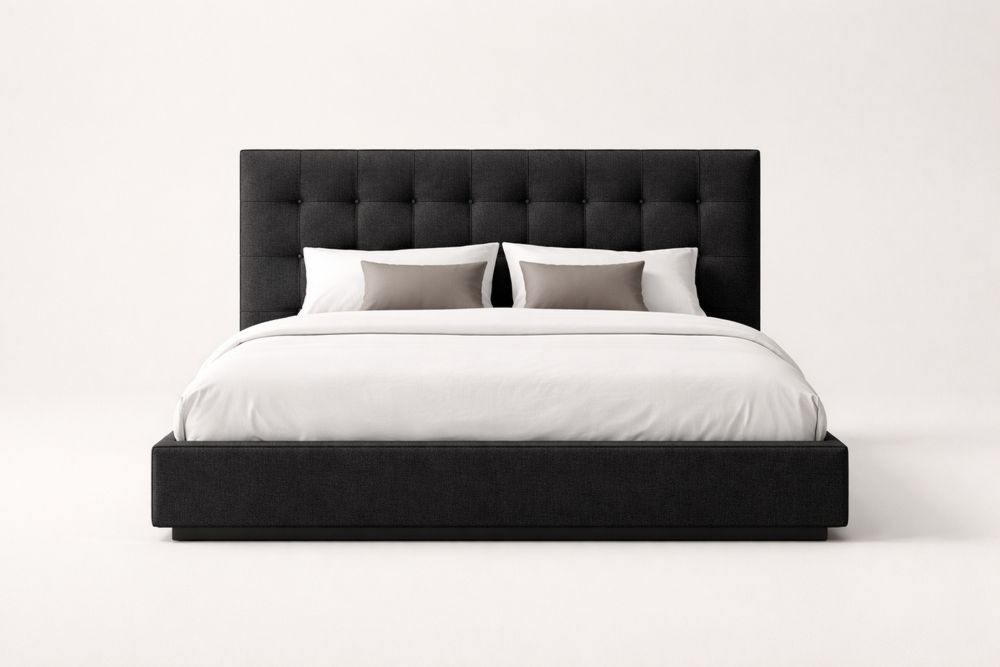 King Size Black Polyester Upholstered Bed Frame with Tufted Headboard