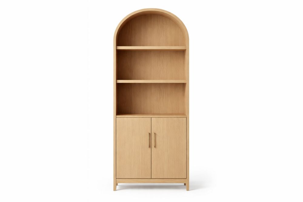 Arched Oak Wood Bookshelf with Cabinet Natural Total Height 180cm