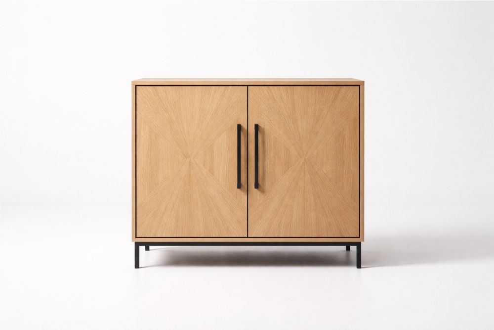 Oak Veneer Storage Cabinet with Black Steel Legs and Two Doors