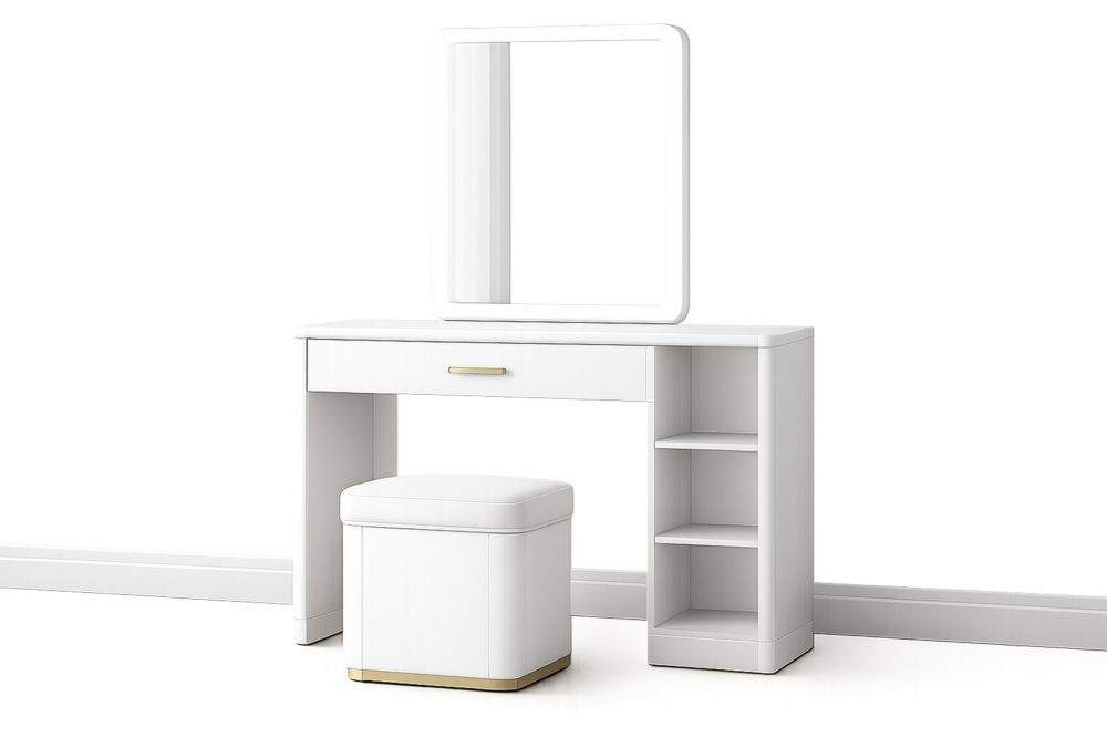 White MDF Dressing Table Set with Mirror and Stool