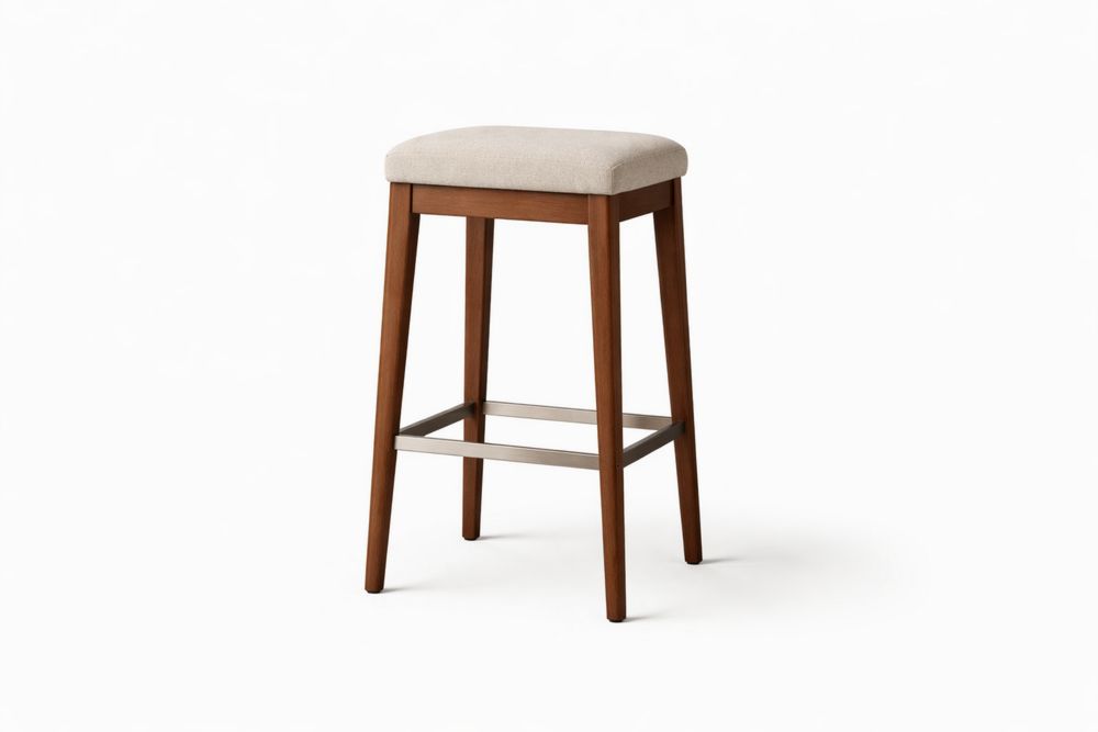 Solid Wood Bar Stool with Beige Polyester Seat