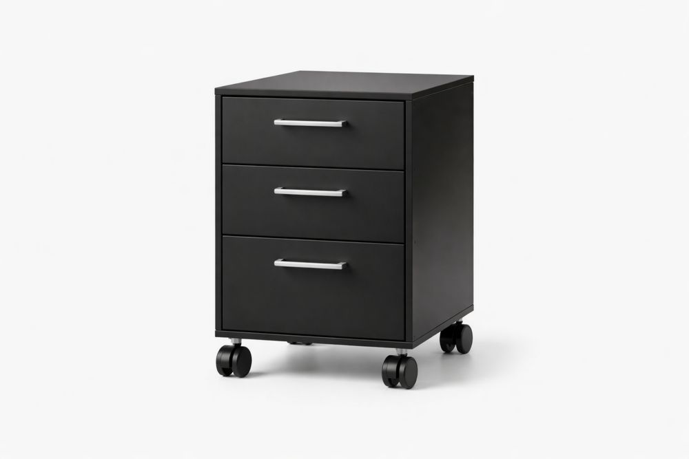 Black Steel File Cabinet with Wheels and Three Drawers