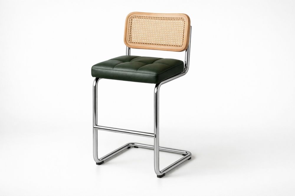Green Chrome Frame Stool with Cane Back and Leather Seat