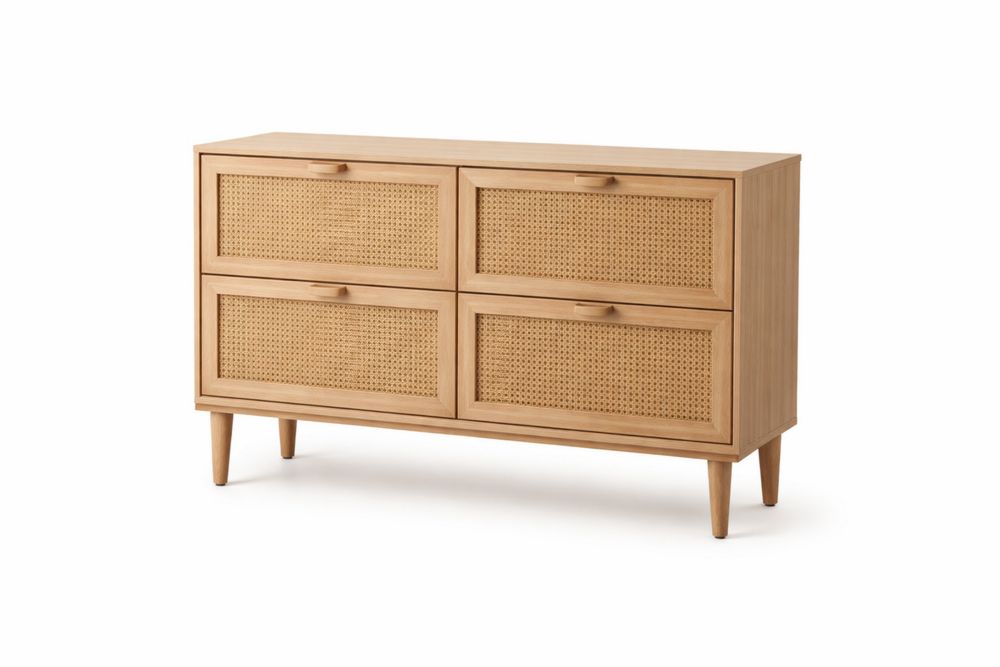 Solid Pine Wood Chest with Four Rattan Drawers Natural