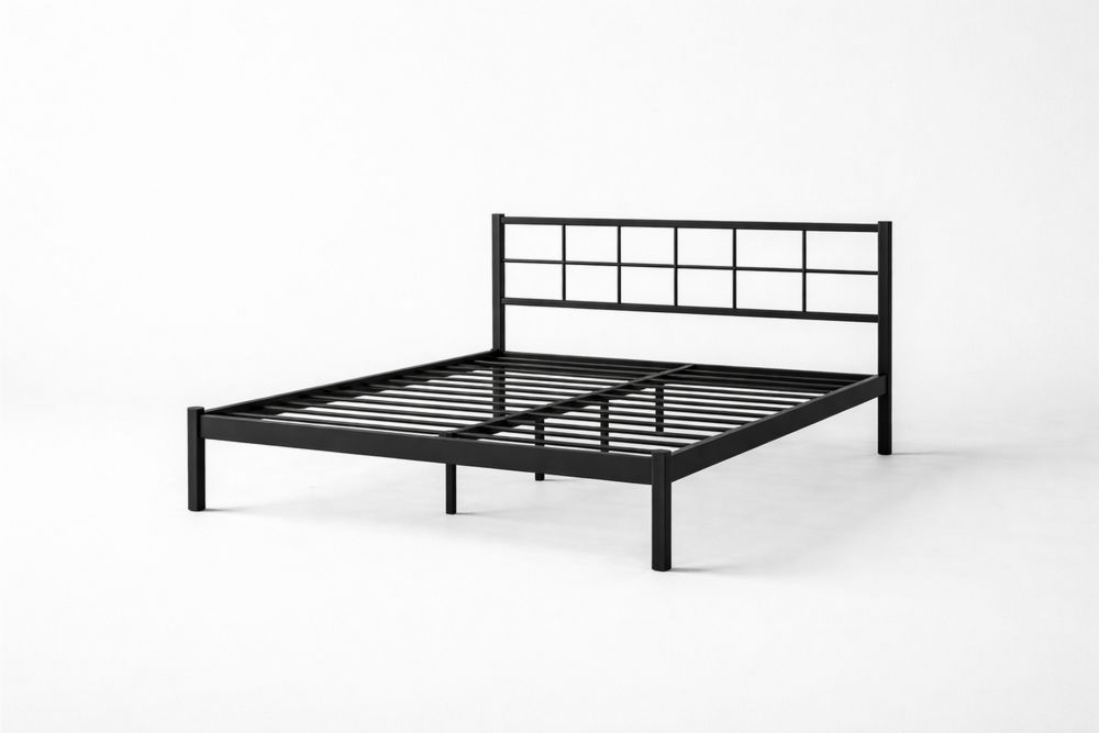 Black Steel Bed Frame with Slatted Base and Headboard