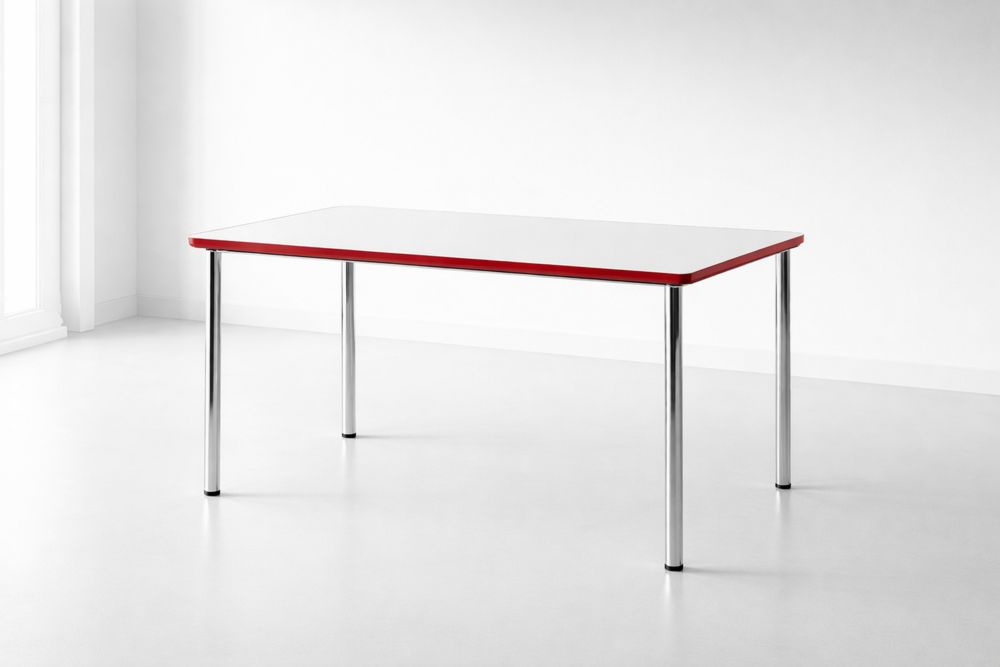 Rectangular Table with White Surface, Red Edge, and Chrome Legs
