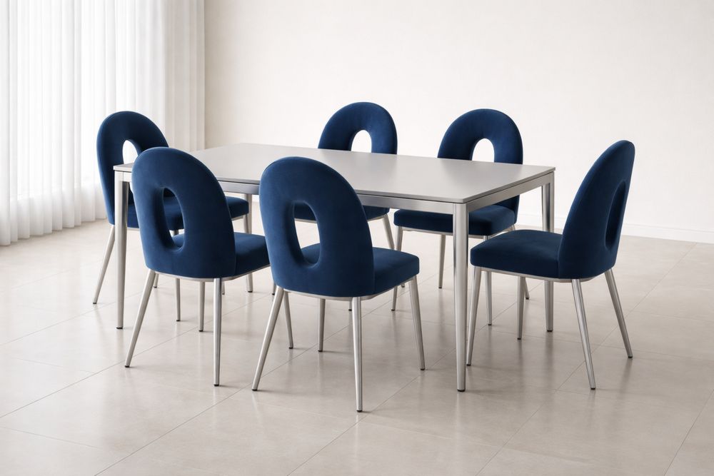 Dining Table Set with Stainless Steel and Blue Velvet Chairs - 6 Seater