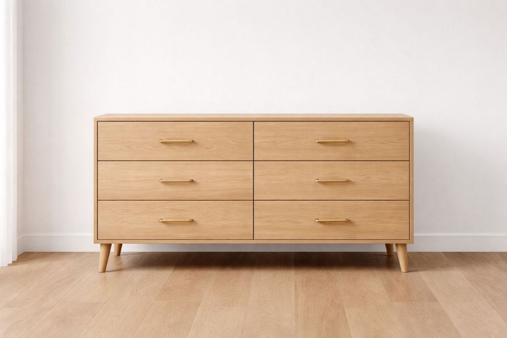 Oak Wood 6-Drawer Dresser with Brass Handles