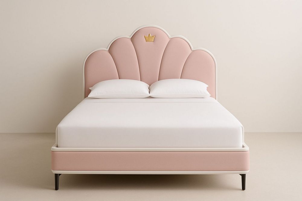 Pink and White Polyester Upholstered Bed with Scallop Headboard and Gold Accent