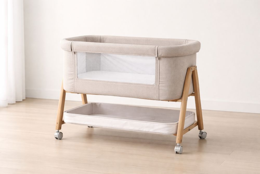 Wooden Baby Bassinet with Mesh Sides and Storage Shelf Beige