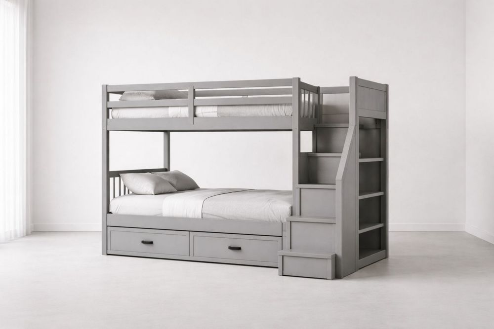 Gray Wood Bunk Bed with Stairs and Storage Drawers – Roomivita