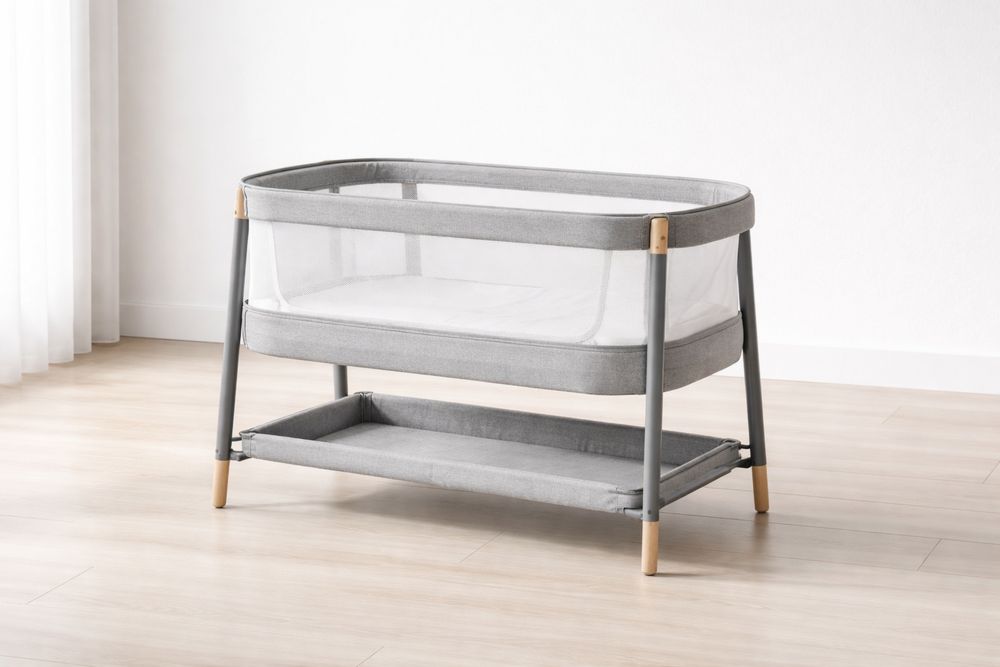 Baby Bassinet with Mesh Sides and Storage Shelf Gray Fabric Metal Frame 90x50x75 cm