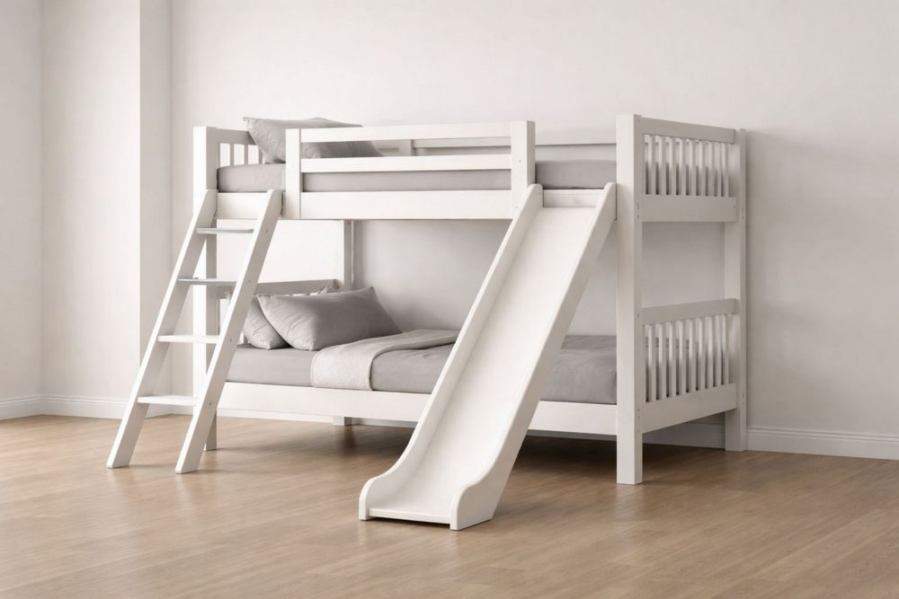 White Wood Bunk Bed with Ladder and Slide