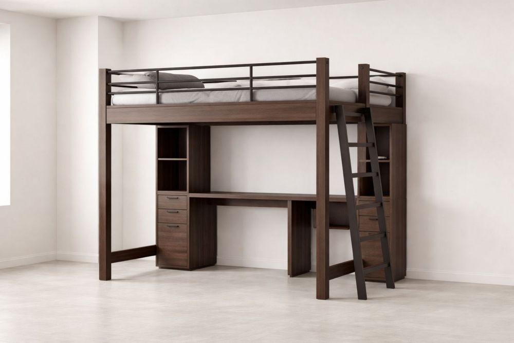 Wood Loft Bed with Metal Rails, Desk, and Storage Drawers