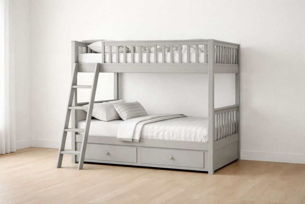 Gray Wooden Bunk Bed with Ladder and Storage Drawers
