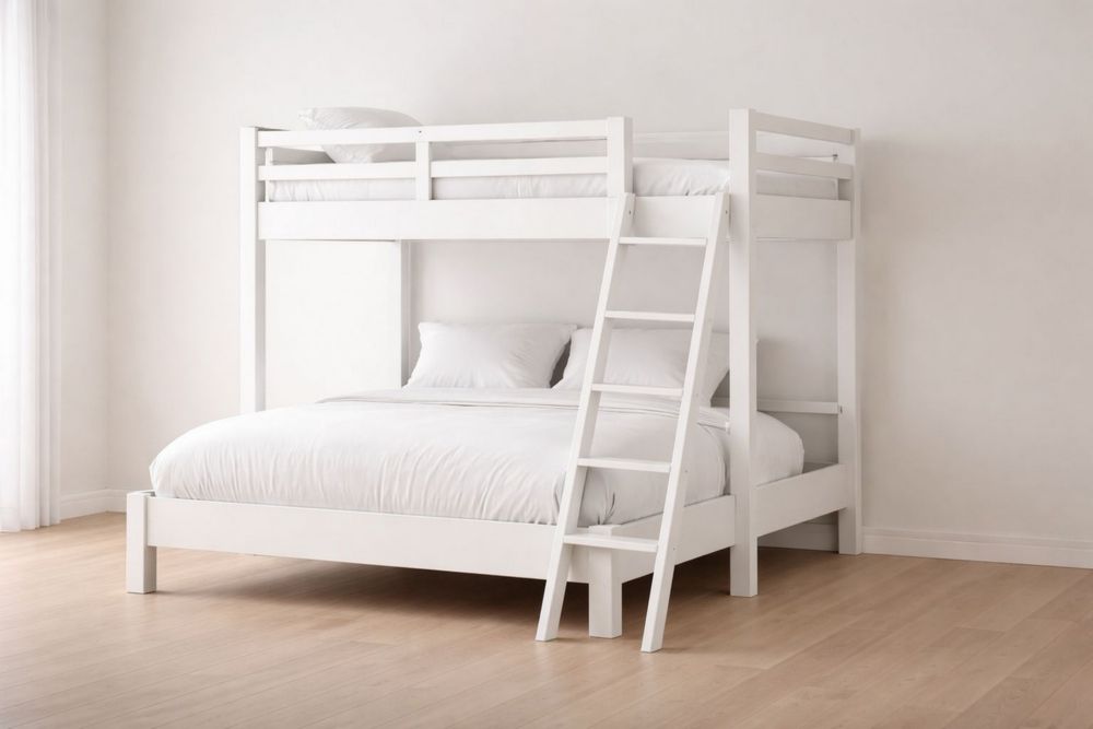 White Wood Bunk Bed with Ladder Full and Twin Size