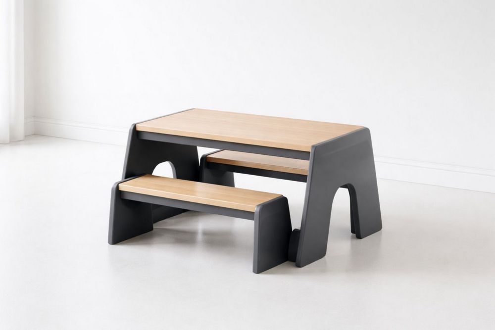 Children's Wood Surface Table and Bench Set with Black Plastic Frame