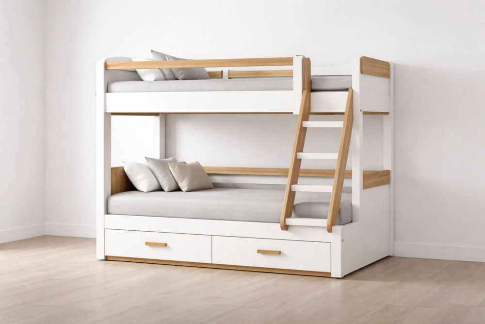 Wood and White Bunk Bed with Storage Drawers and Ladder