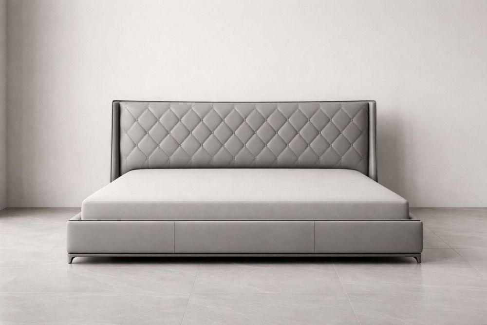 Gray Upholstered Bed Frame with Diamond Patterned Headboard