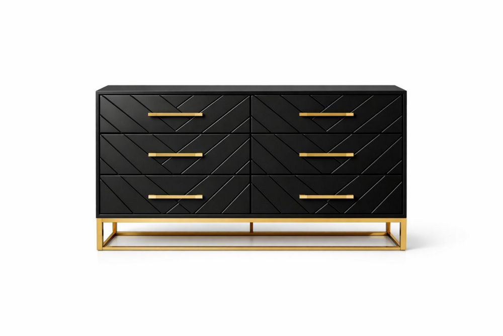 Black MDF Dresser with Gold Metal Base 6 Drawers