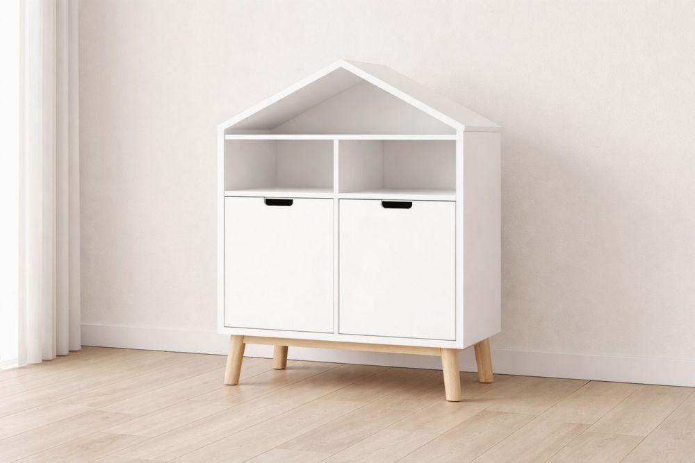 White MDF House-Shaped Storage Cabinet with Two Doors and Open Shelves