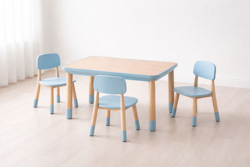 Children's Table and Chair Set with Rectangular Table in Blue and Natural Wood