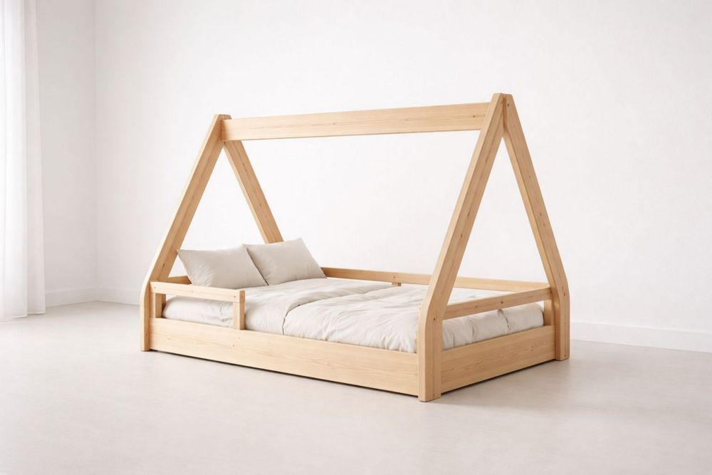 Natural Wood Tent Bed with Mattress for Kids