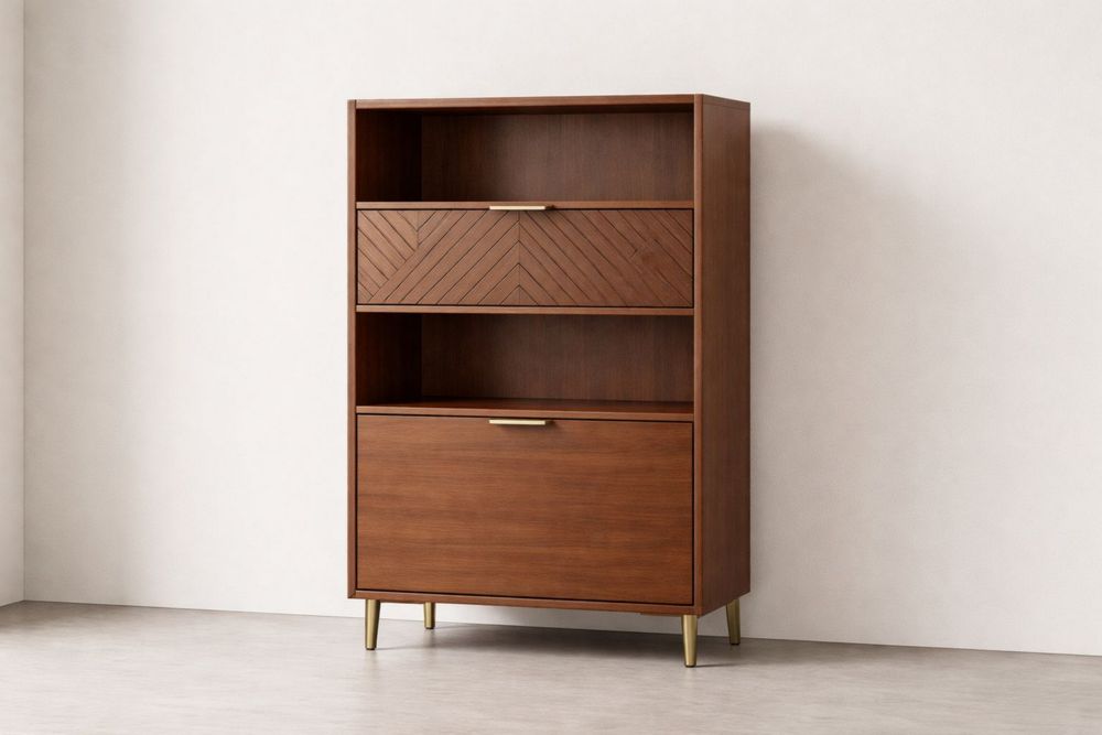 Brown Wooden Shelving Unit with Cabinets
