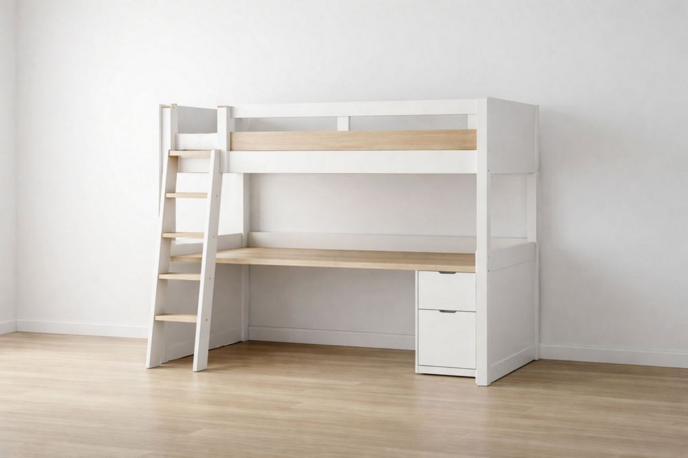 Pine Wood Loft Bed with Desk and Storage